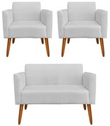 Conjunto Namoradeira e 2 Poltronas Decorativas Isabella Pés Palito Madeira Suede Cinza G19 - Gran Belo