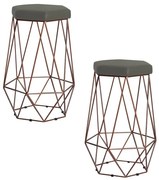 Kit 2 Banqueta Decorativa Rubel Base Bronze Veludo Cinza G41 - Gran Belo