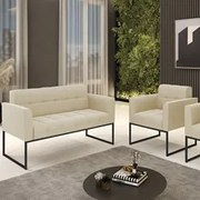 Sofá Namoradeira e 1 Poltrona Base Industrial Preto Ana Suede Bege - I