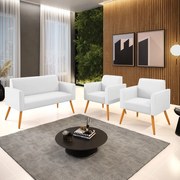 Sofá Namoradeira com 2 Poltronas Pés Palito Castanho Marisa Corino   - Branco