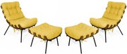 Kit 2 Poltronas Costela Com 2 Puff Costela Suede Amarela
