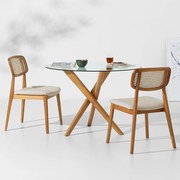 Conjunto Mesa de Jantar Thai Redonda Vidro Incolor - 1,10m + 2 Cadeiras Lótus Encosto Palha Larga - Trenddie Cru