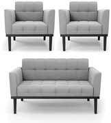 Sofá Namoradeira e 2 Poltronas Base de Madeira Preto Elisa Suede D03 - D'Rossi - Cinza