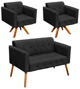 Kit 01 Namoradeira e 02 Poltronas Giratória Elisa Suede Base Madeira MM30 D03 - D'Rossi - Preto