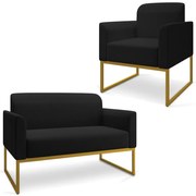 Conjunto Namoradeira e Poltrona Decorativa Isabella Base Industrial Linho Preto/Dourado G19 - Gran Belo