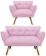 Kit 1 Namoradeira e 1 Poltrona Anitta Suede Pés Palito Castanho D03 - D'Rossi - Rosa Bebê