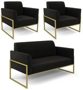 Sofá Namoradeira com 2 Poltronas Base Industrial Alta Dourado Marisa Suede - Preto