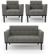 Sofá Namoradeira e 2 Poltronas Base de Madeira Preto Elisa Suede D03 - D'Rossi - Grafite