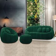 Sofá 2 Lugares com Puff e Poltrona Giratória Orgânica Cloud Bouclê E03 - D'Rossi - Verde
