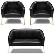 Namoradeira e 2 Poltronas Pé de Ferro Dourado Stella Sintético PU D03 - D'Rossi  - Preto