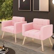 Kit 2 Poltronas Elisa Suede Pés Palito Natural D03 - D'Rossi - Rosa Bebê