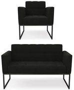 Sofá Namoradeira e 1 Poltrona Base Industrial Preto Ana Suede Preto -