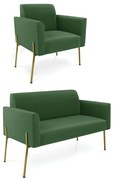 Sofá Namoradeira e Poltrona Pé de Ferro Dourado Marisa Suede - Verde