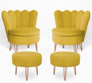 Conjunto 2 Poltrona Dália com 2 Puff Chloe Pés Hairpin Legs Bronze Veludo Amarelo