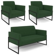 Sofá Namoradeira com 2 Poltronas Base Industrial Alta Preto Marisa Veludo - Verde