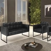 Sofá Namoradeira e 1 Poltrona Base Industrial Preto Ana Sintético PU P