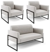 Sofá Namoradeira com 2 Poltronas Base Industrial Alta Preto Marisa Veludo - Cinza