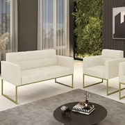 Sofá Namoradeira e 1 Poltrona Base Industrial Dourado Ana Linho Bege -