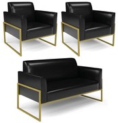 Sofá Namoradeira com 2 Poltronas Base Industrial Alta Dourado Marisa Corano D03 - DRossi - Preto