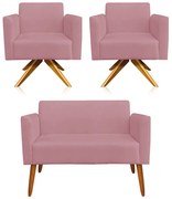 Kit 01 Namoradeira e 02 Poltronas Marisa Suede Rosê Base Giratória Madeira MA30