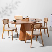 Conjunto Mesa de Jantar Tarsila Oval Cinamomo 1,80m x 1m + 4 Cadeiras Lótus Encosto Palha Larga Assento Linne Cru