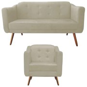 Kit Sofá Namoradeira + Poltrona Bruna Suede Bege Pé Palito