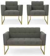 Kit 1 Sofá Namoradeira e 2 Poltronas Elisa Suede Base Metálica Industrial Dourado D03 - D'Rossi - Grafite