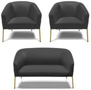 Namoradeira e 2 Poltronas Pé de Ferro Dourado Stella Sintético D03 - D'Rossi  - Preto