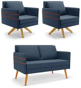 Kit 01 Namoradeira 02 Lugares e 02 Poltronas Mari Suede Base de Madeira MA30 D03 - D'Rossi - Azul Marinho