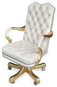 Poltrona Giratória Luxo Pintura Folha de Ouro Capitonê com Tachas Ajuste de Altura e Relax Estrutura Madeira Eucalipto Base com Rodízios Design Clássi
