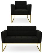 Kit 1 Sofá Namoradeira e 1 Poltrona Elisa Suede Base Metálica Industrial Dourado - D'Rossi - Preto