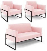 Sofá Namoradeira com 2 Poltronas Base Industrial Alta Preto Marisa Suede - Rosa Bebê