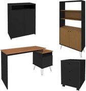 Conjunto Escritório Home Office 4 Peças Lux Industrial A06 Freijó/Pret