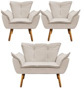 Namoradeira e 2 Poltronas Pé Palito Castanho Opala Corino - Bege