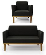 Sofá Namoradeira com Poltrona Base de Madeira Fixa Castanho Marisa Suede - Preto