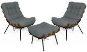 Kit 2 Poltronas Decorativa Costela Com Puff Costela Suede  Cinza