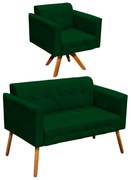 Kit 01 Namoradeira e 01 Poltrona Giratória Elisa Suede Base Madeira MM30 D03 - D'Rossi - Verde