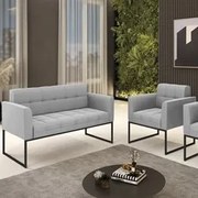 Sofá Namoradeira e 1 Poltrona Base Industrial Preto Ana Suede Cinza -