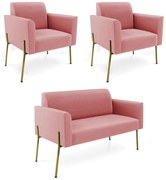 Sofá Namoradeira e 2 Poltronas Pé de Ferro Dourado Marisa Suede - Rose