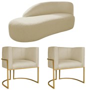 Kit Divã Luna 185cm Lado Esquerdo e 02 Poltronas Base de Ferro Dourado Suede