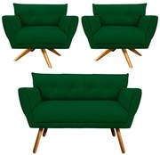 Kit 1 Namoradeira 2 Lugares E 2 Poltronas Anitta Suede Base De Madeira MA30 D03 - D'Rossi - Verde
