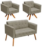 Kit 01 Namoradeira e 02 Poltronas Giratória Elisa Suede Base Madeira MM30 D'Rossi - Marrom Rato