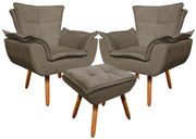 02 Poltronas e 01 Puff Pé Palito de Madeira Opala Suede D03 - D'Rossi - Marrom Rato
