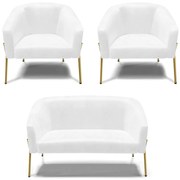 Namoradeira e 2 Poltronas Pé de Ferro Dourado Stella Sintético PU D03 - D'Rossi  - Branco