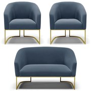 Namoradeira e 2 Poltronas Industrial Dourado Stella Suede D03 - D'Rossi - Azul Marinho