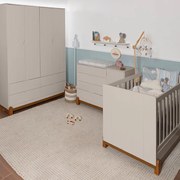 Kit Quarto Infantil Lotus Berço Mini Cama com Frisos + Cômoda 4 Gavetas e 1 Porta + Guarda-Roupa 4 Portas com 4 Gavetas - Areia Fosco