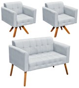 Kit 01 Namoradeira e 02 Poltronas Giratória Elisa Suede Base Madeira MM30 D03 - D'Rossi - Cinza