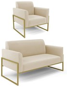 Sofá Namoradeira com Poltrona Base Industrial Alta Dourado Marisa Linho - A19 Bege