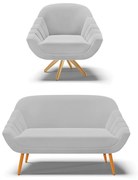 Kit 01 Namoradeira 02 Lugares e 01 Poltrona Giratória Giovana Suede Base Madeira MA30 - D'Rossi - Cinza