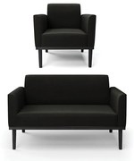Sofá Namoradeira com Poltrona Base de Madeira Fixa Preto Marisa Suede - Preto